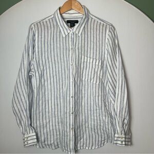 Tahari Women’s Button Up Blouse 100% Linen Blue White Stripe Coastal Boho XL